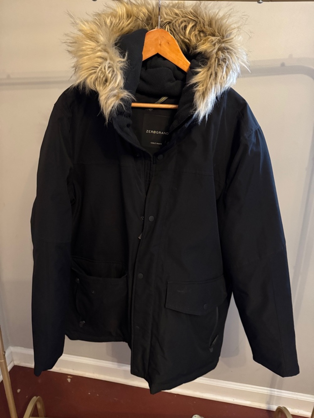 Men's Black Winter Parka Jacket with Faux Fur Trim